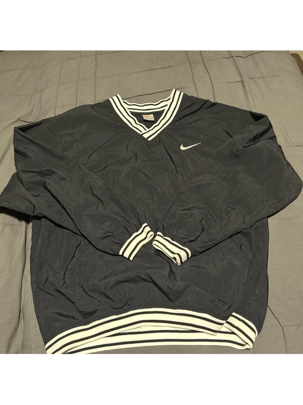 Nike Women’s Black V-Neck Pullover Windbreaker with White Stripe Trim: Size L